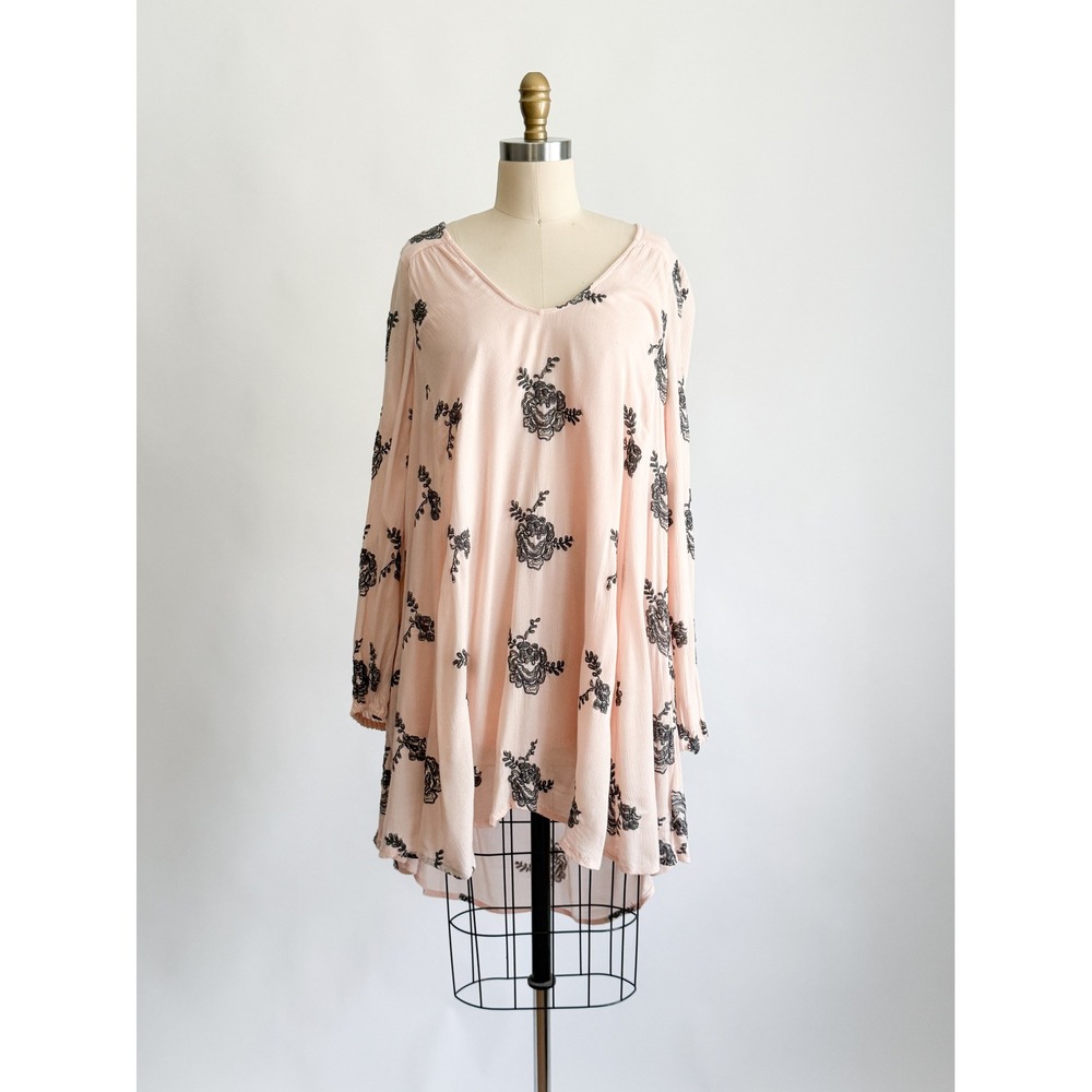 Free People Tunic Dress Embroidered Boho Open Back S Pink Floral‎ High Low Rayon
